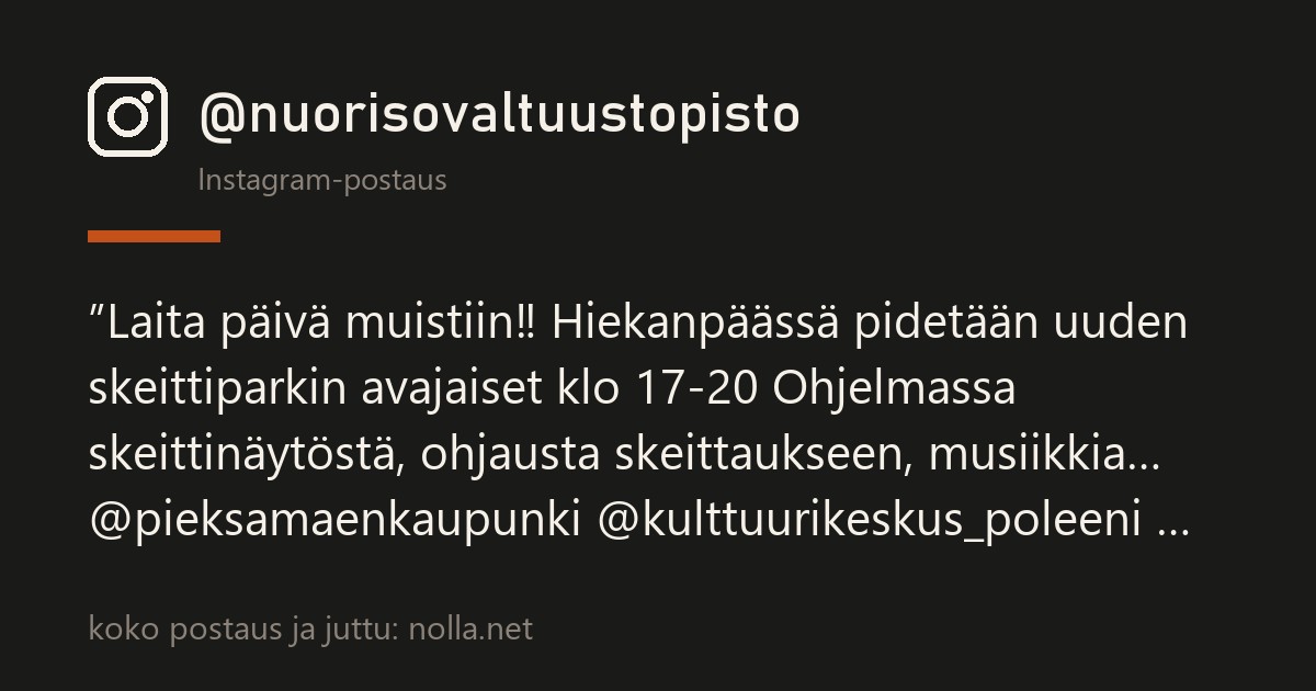 Instagram-postaus @nuorisovaltuustopisto — Pieksämäki sai betoniparkin — Hiekanpäätä on ajettu heinäkuusta, avajaiset 4.9.