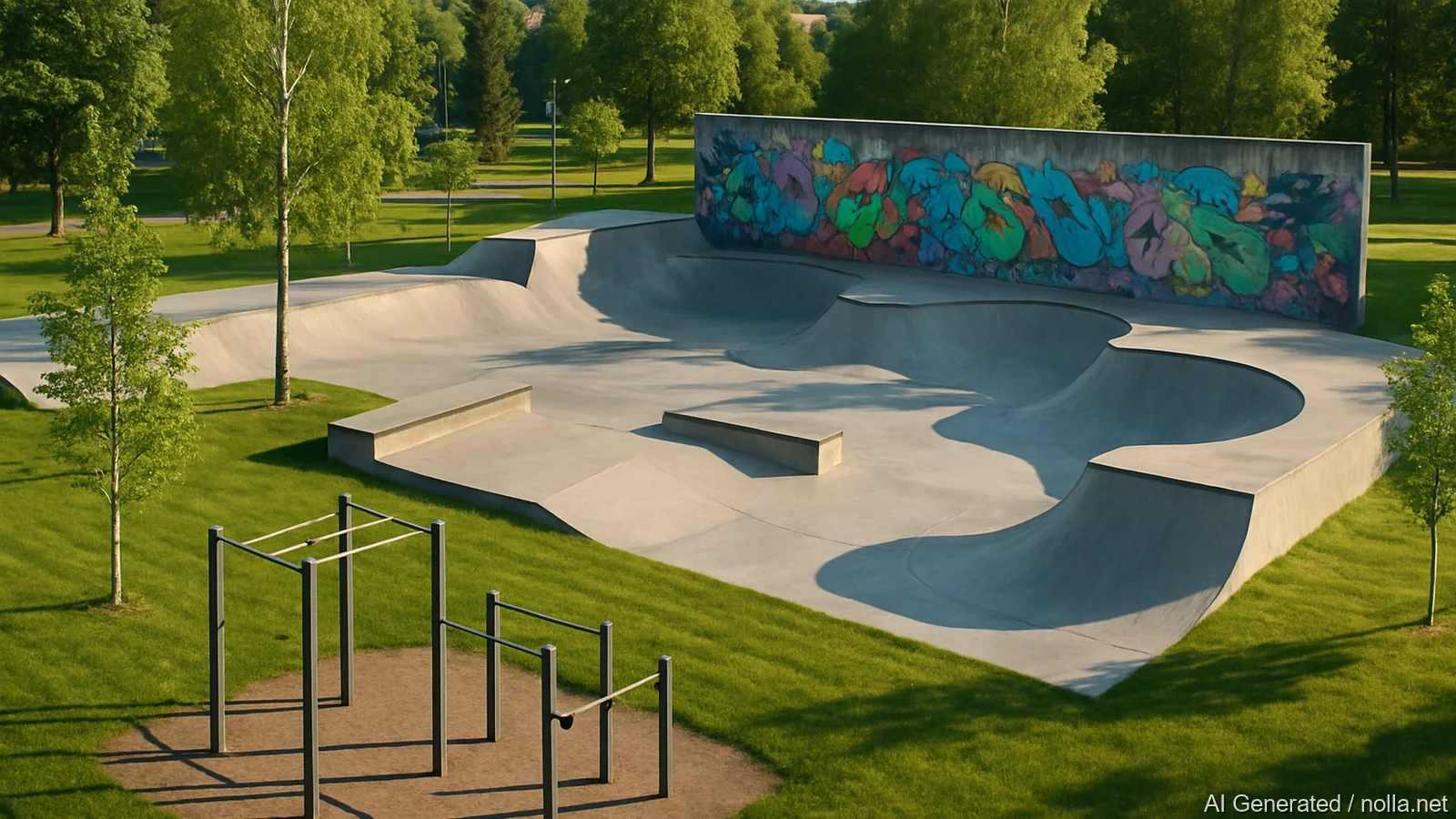 AI-generoitu tunnelmakuva betoniparkista kaupunkipuistossa, taustalla korkea graffitiseinä